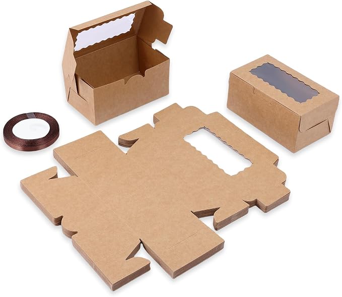 65 PCS Bakery Boxes with Window Brown - 6.29x3.54x2.95 Inches Cookie, Pastry, Treat, Cupcake, Cake, Dessert Boxes, Small Gift Boxes for Party, Business(Kraft)
