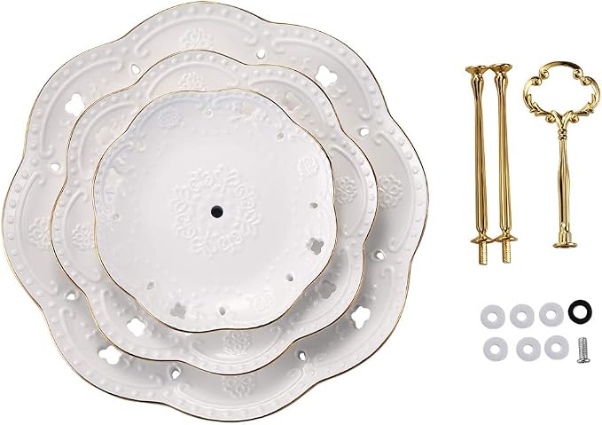 3-Tier Porcelain Embossed Cupcake Stand - Pure White Rimmed with Gold Dessert Cake Stand - Pastry Serving Tray Platter for Tea Party, Wedding and Birthday