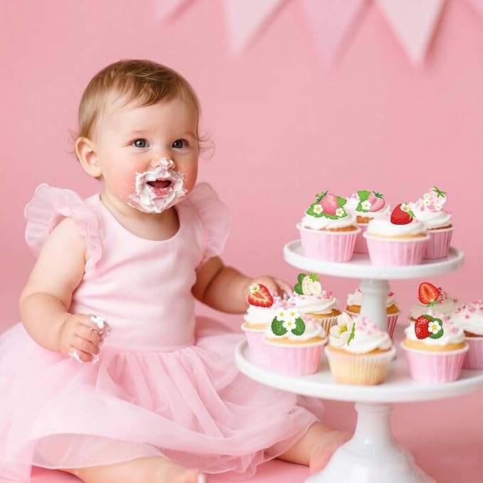Lyreh 280pcs Edible Strawberry Cupcake Decorations, Strawberry Flower Birthday Cake Toppers Party Floral Decoration Supplies for Sweet Themed Party