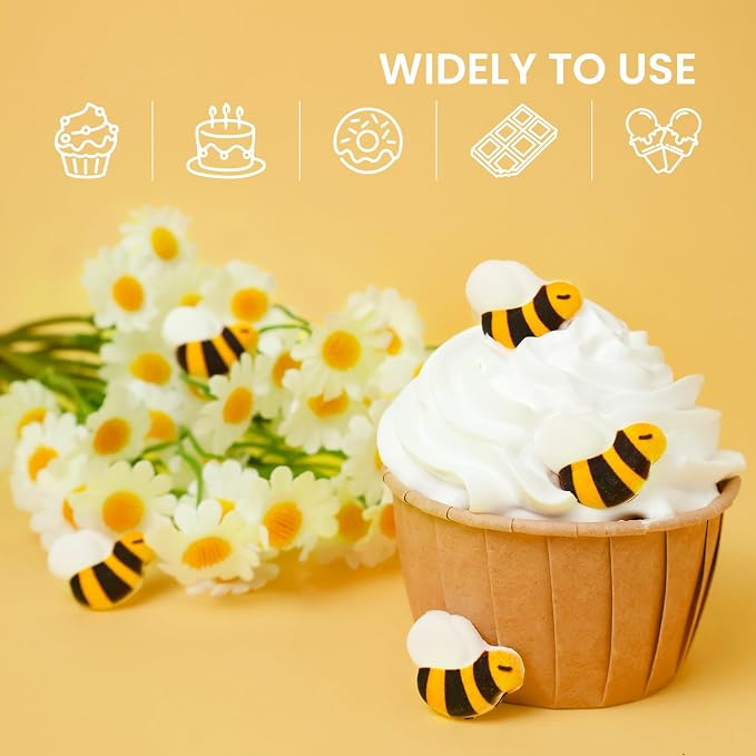 Edible Bee Cake Decorations, Royal Icing Bee for Cupcake Topper, Edible Bee Sprinkles Sugar for Cakes Cupcakes Cookies Chocolate Macarons Baking Baby Shower Decoration, 48 pcs