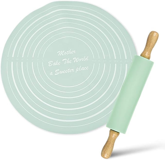 Silicone Rolling Pin Backing Mat Set, 13" Dough Roller with Non Stick Pastry Sheet, Small Fondant Roller Round Kneading Mat for Bread Cookie Pie Pizza Sourdough Kitchen (Mint Green)