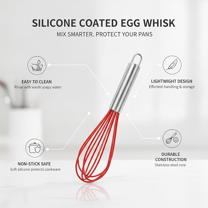 8-Inch Silicone Coated Egg Whisk, Stainless Steel Wire Mixer for Non-Stick Cookware, Red Kitchen Tool for Baking and Cooking