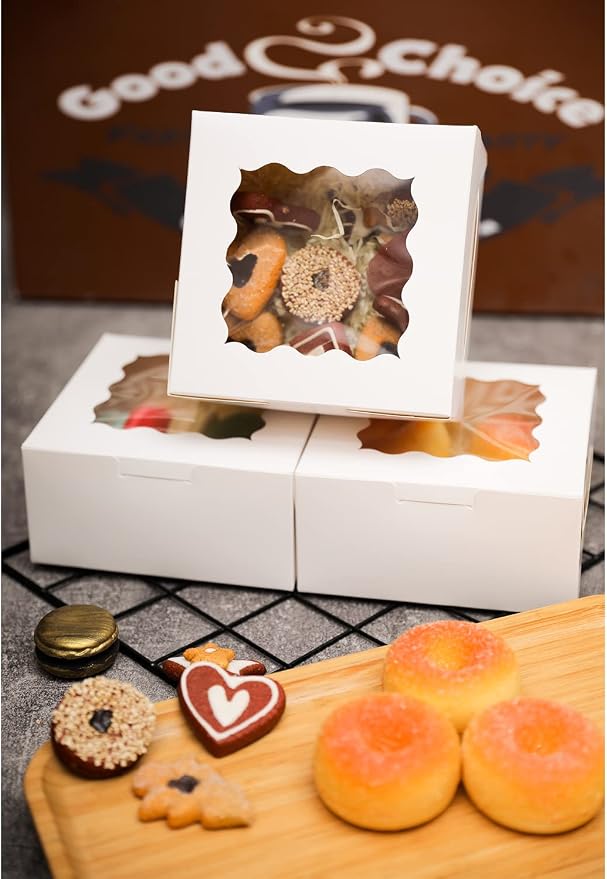 Bakepacker 100pcs White Bakery Boxes with Window 6x6x3 inches Thick & Sturdy Macaroon Pastry & Cookie Boxes