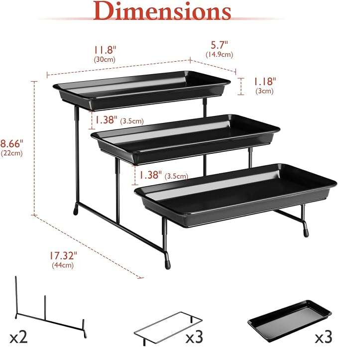 3-Tier Melamine Serving Tray Set, 11.5" x 5.6" Platters for Serving Food, Black Reusable Trays with Black Metal Display Stand for Cupcakes, Sevring Food, Dessert, Fruit, Cookie, Black