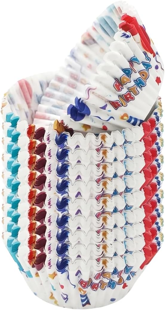 200 Paper Cupcake Liners, Muffin Liners or Baking Cups for Desserts, Muffins, Cupcakes and More Treats; Grease Proof, No Smell, Food Grade, Nut Serving Containers (Birthday)