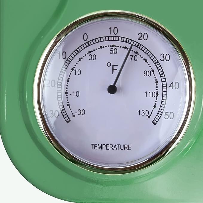 Lily's Home -9 Inch x 12.5 Inch - Retro Kitchen Wall Clock, Vintage Wall Clock with a Thermometer and 60-Minute Timer, Ideal for Any Kitchen, Office, or Diner (Retro Green)