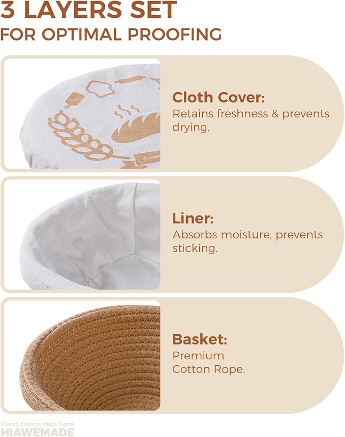 Banneton Bread Proofing Basket, Natural Cotton Rope Bread Baskets with Reusable Liners & Dust Covers, Artisan Sourdough Bread Baking Supplies, 9'' Round & 10" Oval