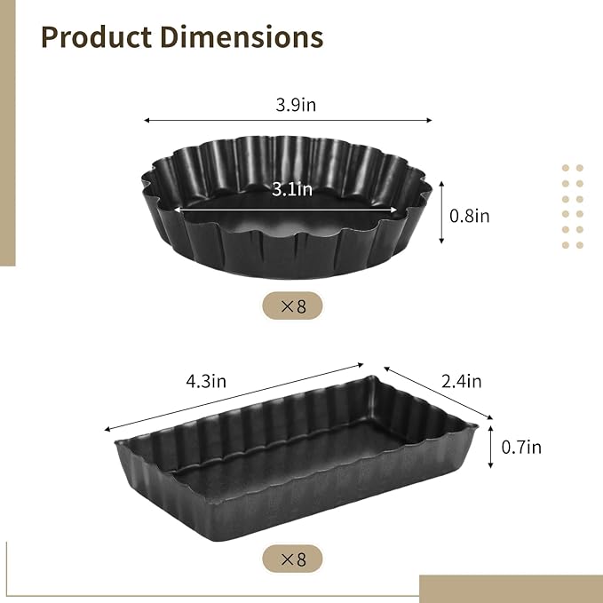Mini Tart Pans With Removable Bottom Nonstick Quiche Pan, 8Pieces Round and 8Pieces Rectangle Pie Pans, 4 Inches Carbon Steel Mini Pie Pans, Fluted Side Dessert Baking Mold Set for Egg Tarts