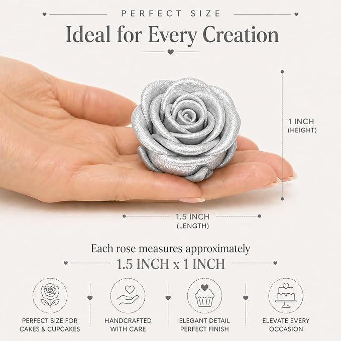 Confect Metallic Edible Shimmering Christmas Silver Roses | Edible Cupcake Toppers | Edible Flower For Cake Decorating | Pack Of 12 Edible Metallic Sugar Flowers for Cake Decorating