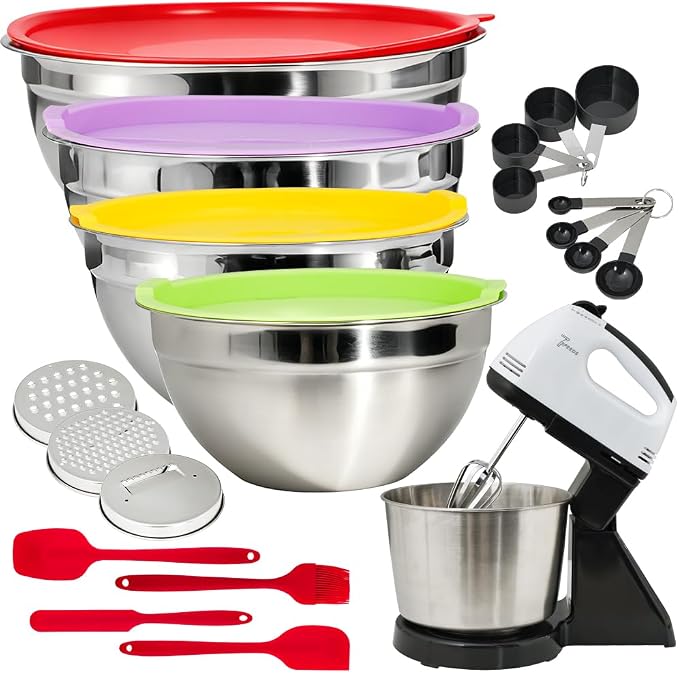 7-Speed Electric Hand&Stand Mixer with 26PCS Stainless Steel Mixing Bowls,Lids & Grater Attachments –7, 6, 4.5, 3.5, 2QT Nesting Bowls Set for Cake Baking,Cooking & Serving
