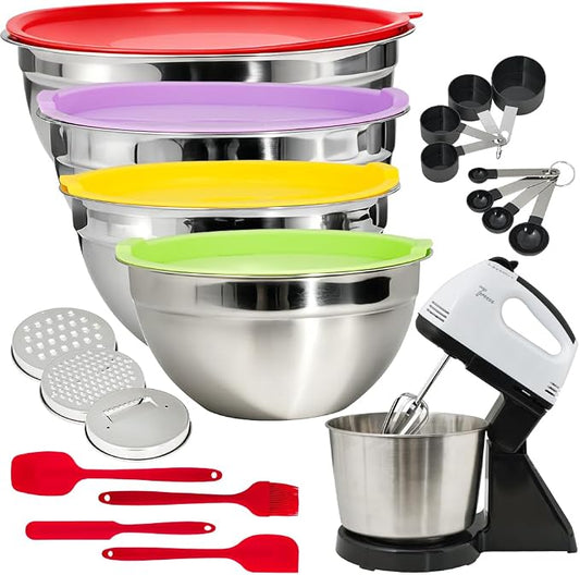 7-Speed Electric Hand&Stand Mixer with 26PCS Stainless Steel Mixing Bowls,Lids & Grater Attachments –7, 6, 4.5, 3.5, 2QT Nesting Bowls Set for Cake Baking,Cooking & Serving