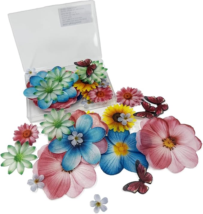 Set of 55 Edible Flowers & Butterflies Cupcake Toppers Wedding Cake Party Food Decoration Mixed Size & Colour for Anniversary (Flower Butterfly)