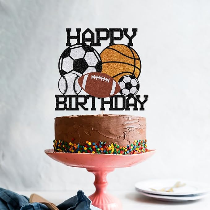 Sports Happy Birthday Cake Topper， | Boys and Girls Sport Theme Party Decoration，Football basketball Rugby baseball Cake Decorations Birthday Decor for Sport