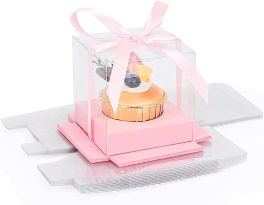 EUSOAR Plastic Pink Cupcake Boxes, 12pcs 3.5 Inch Clear Individual Cupcake Containers Storage for Cake Dessert, Single Transparent Cupcake Holder Carrier with Ribbons for Wedding Party Bakery Favor