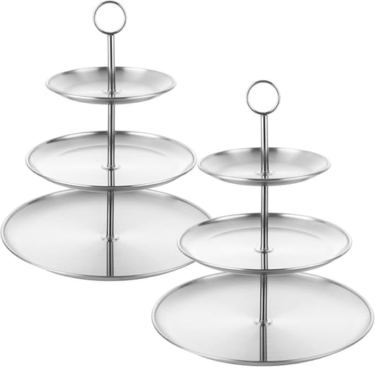 ABuff 3 Tiered Silver Cupcake Stand 2 Pack Stainless Steel Silver Tiered Dessert Stand Cupcake Display Tower 3 Tier Serving Tray Cake Stand for Baby Shower Birthday Party Wedding