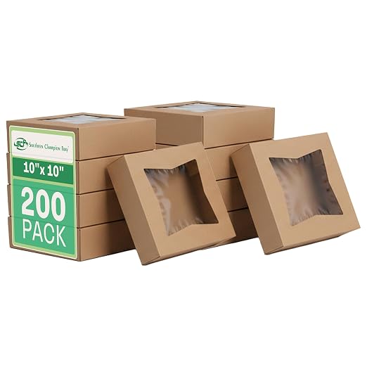 SCT Kraft Window Bakery Box (200 Pack) 10x10x2.5, Auto Pop-Up Bakery Carrier for Pies, Donuts, Pastries, Kraft with Clear Lid, 24233K