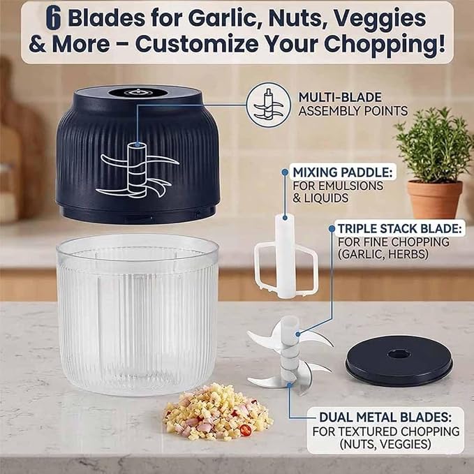 Household Electric Garlic Crusher, 400ml Mini Electric Food Chopper, Portable Mini Food Processor with 6 Blades, Wireless Electric Garlic Chopper for Ginger, Chili, Fruit, Meat, etc (3 Blades White)