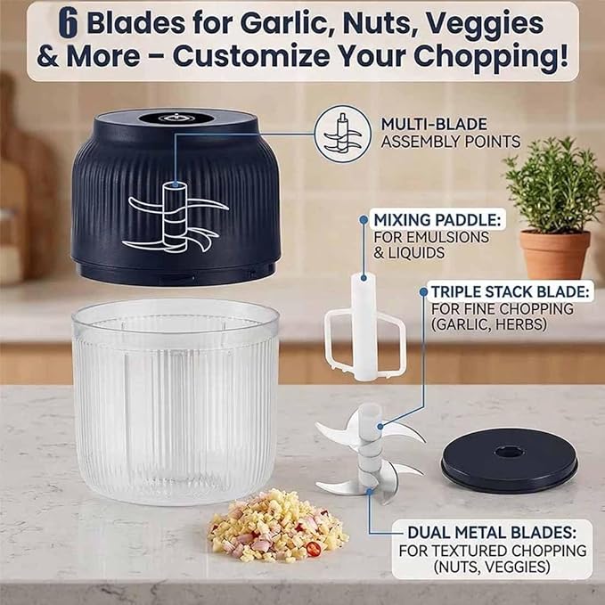 Household Electric Garlic Crusher, 400ml Mini Electric Food Chopper, Portable Mini Food Processor with 6 Blades, Wireless Electric Garlic Chopper for Ginger, Chili, Fruit, Meat, etc (6 Blades Blue)