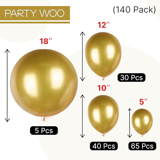 PartyWoo Gold Balloons 140pcs Different Sizes of 18 12 10 5 Inch Gold Balloon Arch Kit Garland for Birthday Wedding Anniversary Baby Shower Graduation Retirement Casino Party Decorations Gold-G101