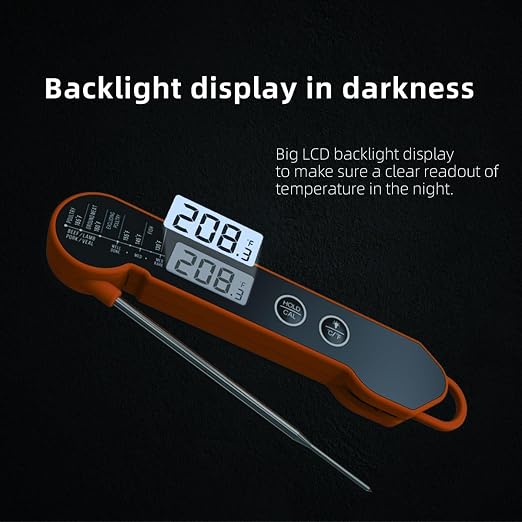 Instant Read Meat Digital Thermometer for Grilling and Cooking, Waterproof Thermometer with Backlight and Calibration, Fast Folding Probe BBQ Thermometer for Smoker, Oil, Candy, and Turkey (Orange)