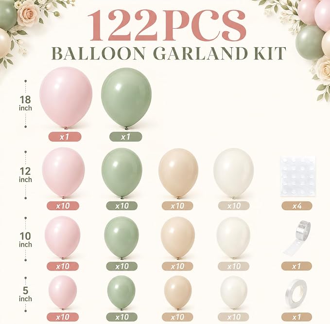 Pink and Green Balloon Arch Garland Kit, 122Pcs Ivory Sand White Dusty Pink Sage Green Spring Balloons for Women Girl Boho Bridal Wedding Baby Shower Engagement Birthday Party Decorations