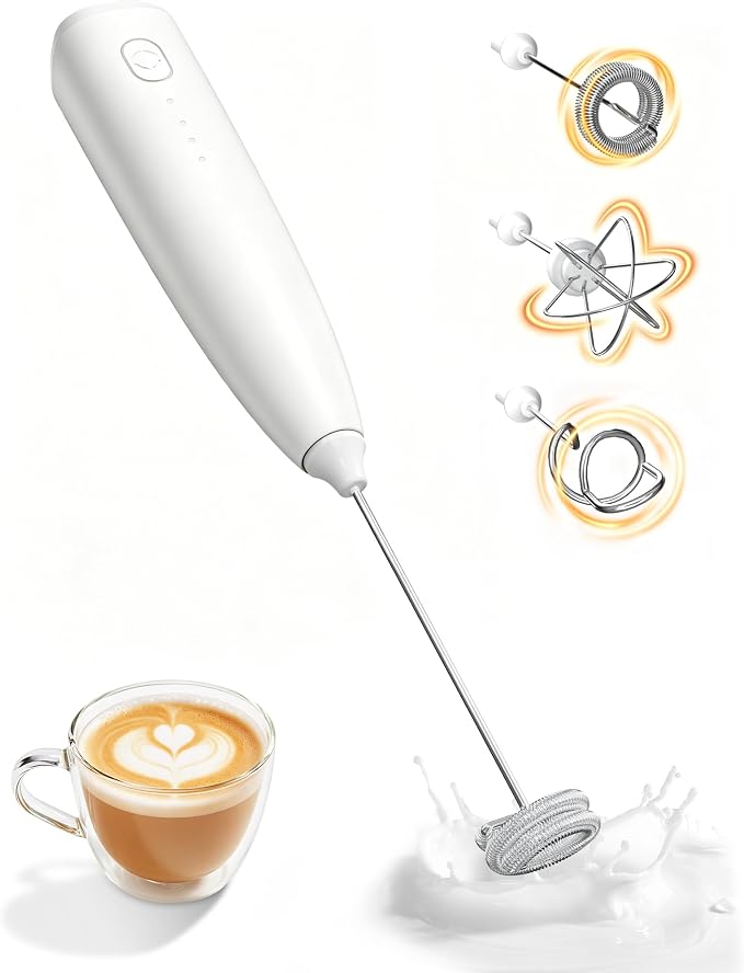 Milk Frother Handheld,Portable Electric Drink Mixer/Wand,Egg Whisk (White) | USB C Rechargeable | 3 Adjustable Speeds | 3 Detachable Whisks | Quiet Operation | For Coffee, Latte, Matcha,protein powder