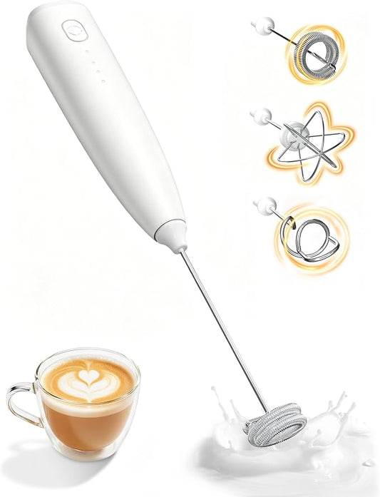 Milk Frother Handheld,Portable Electric Drink Mixer/Wand,Egg Whisk (White) | USB C Rechargeable | 3 Adjustable Speeds | 3 Detachable Whisks | Quiet Operation | For Coffee, Latte, Matcha,protein powder