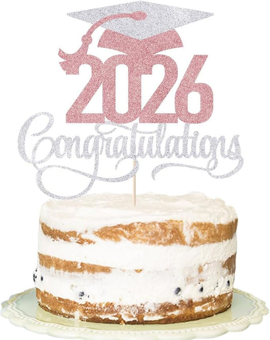 Silver Rose Gold 2026 Congratulations Graduation Cake Topper,Congrats Grad Cake Decor - 2026 High School/College/Senior Graduation Party Decorations Supplies