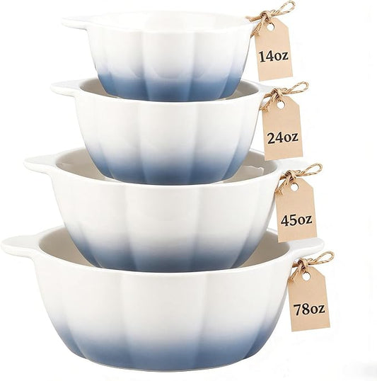 Large Soup Bowls Set of 4, Pumpkin Microwave Mixing Bowls with Handle, Ceramic Serving Bowls for Prepping, Pasta, Salad - Kitchen Cooking and Baking Supplies, Mothers Day Gift