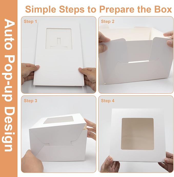 25pcs 8x8x5 Inches Cake Boxes, White Bread Boxes with Windows for Pastries, Cupcakes,Cookies, Pie, Muffins and Donuts