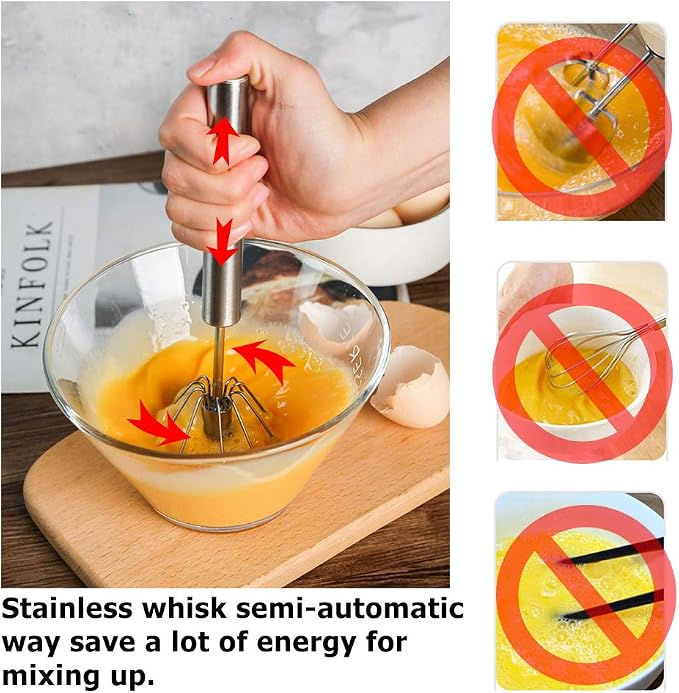 Stainless Whisks, 2 Pieces 10"/12" Hand Push Egg Beater Mixer, Non Electric Easy Whisk Just Pressing and Whisking Save Much Energy Kitchen Utensil for Blending, Whisking, Beating and Stirring