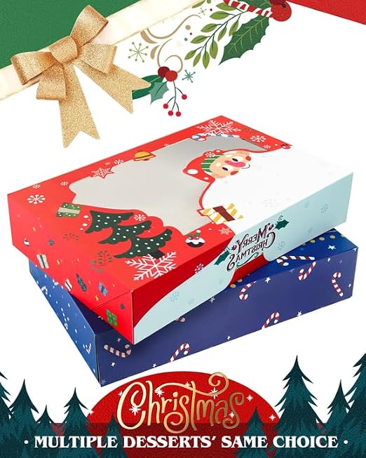 qiqee Christmas Cookie Box with Window 12x8x2.5 inch 12Packs Auto-pop up Two Uses One Second Folding Pastry Biscuit Bakery Box For Packaging