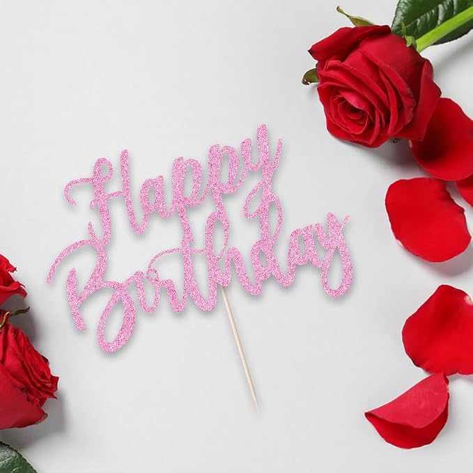 Handmade Glitter happy birthday Cake Topper, Happy Birthday Cake Bunting Decor,Birthday Party Decoration Supplies (pink)