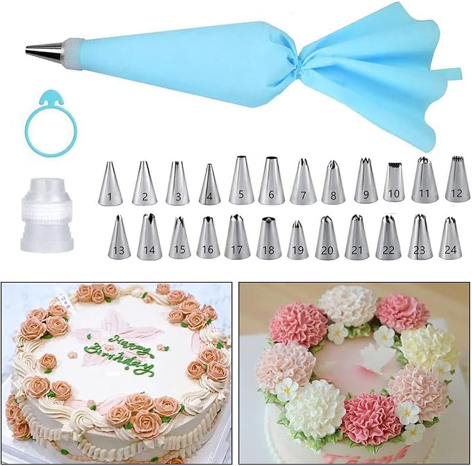 Piping Bags and Tips Set 27 Piece, 24 Stainless Steel Nozzles with Reusable TPU Piping Bag, Coupler and Silicone Tie, Bag 11.81 x 6.69 in, for Cupcakes Cookies and Filling