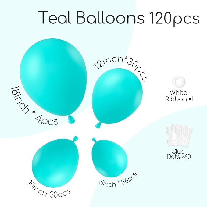 120pcs Teal Balloons, 18 12 10 5 inch Turquoise Balloons Different Sizes Teal Balloon Arch Kit for Wedding Baby Shower Graduation Birthday Party Decorations