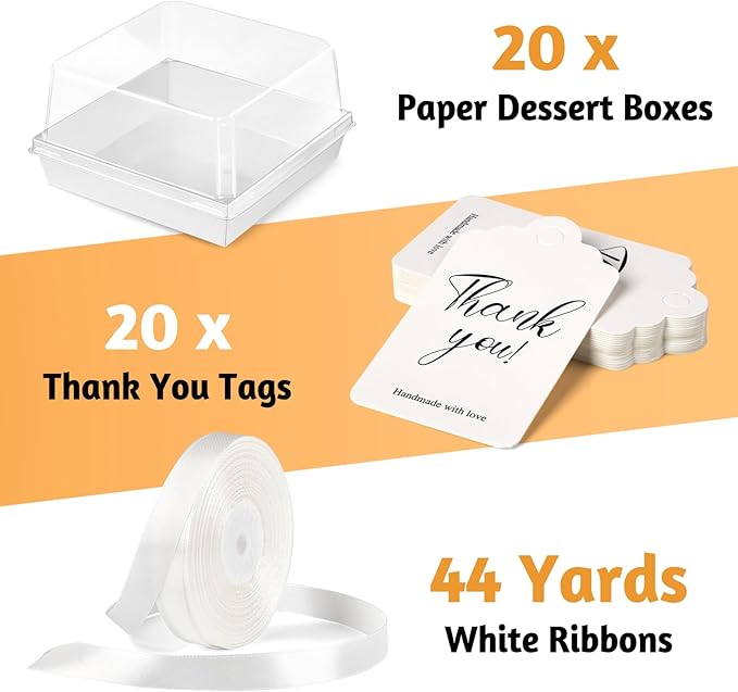 ZORRITA Paper Cake Boxes with Clear Lids, 7" x 7" x 4", 20 Pack, White | Disposable, Square Food Containers, For 4-6 Inch Cake, Dessert, Pie, Cupcake, Bakery, Charcuterie