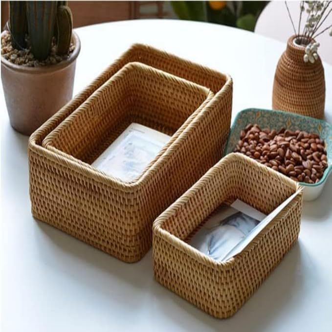 Natural Rattan Storage Baskets, Natural Rattan Fruit Storage Basket Rectangular Woven Wicker Box, Rectangular Woven Fruit Baskets, Wicker Organizer for Bathroom, Living Room (9.8" X 6.3" X 3.3")