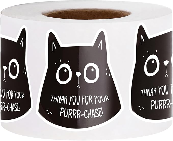 WRAPAHOLIC 1.77 x 2 Inch 500 Total Business Stickers Roll - Black Cat and Purrr-Chase Text Design, Thank You Lables, Shipping Stickers for Baby Shower and Party Decorations