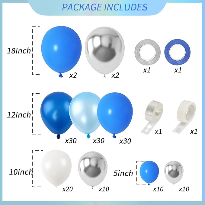 RUBFAC 144pcs Blue Balloons Arch Garland Kit, 18/12/10/5 Inch Blue White and Silver Party Balloons Silver Confetti Latex Balloons for Birthday Wedding Baby Shower Deorations