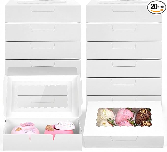 VGOODALL 20PCS Cookie Boxes, 7x4.3x1.5 Inches White Bakery Boxes with Window Cupcake Containers for Gift Giving, Treat, Dessert, Strawberries,Muffins