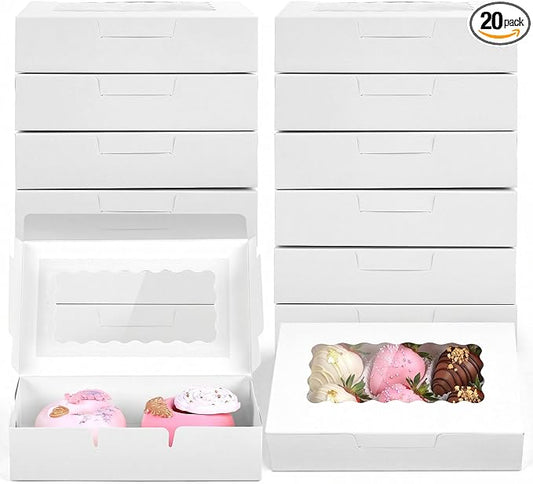 VGOODALL 20PCS Cookie Boxes, 7x4.3x1.5 Inches White Bakery Boxes with Window Cupcake Containers for Gift Giving, Treat, Dessert, Strawberries,Muffins