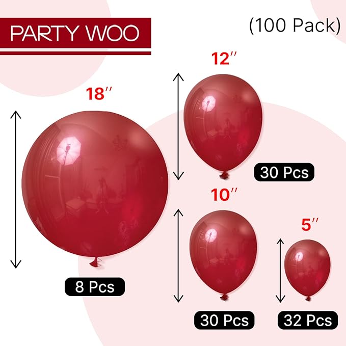 PartyWoo Burgundy Balloons 100 pcs Different Sizes of 18 12 10 5 Inch Dark Chestnut Red Maroon Balloon Arch Kit Garland for Birthday Graduation Anniversary Cherry Casino Party Decorations Red-Y62