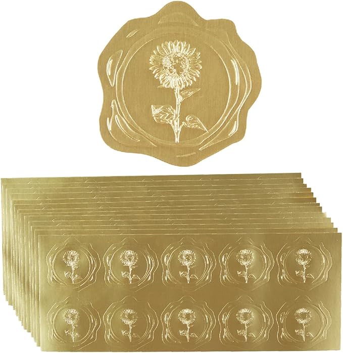 300 Pieces Embossed Gold Foil Stickers, Gold Sunflower | For Envelopes, Wedding Invitations, Christmas Greeting Cards