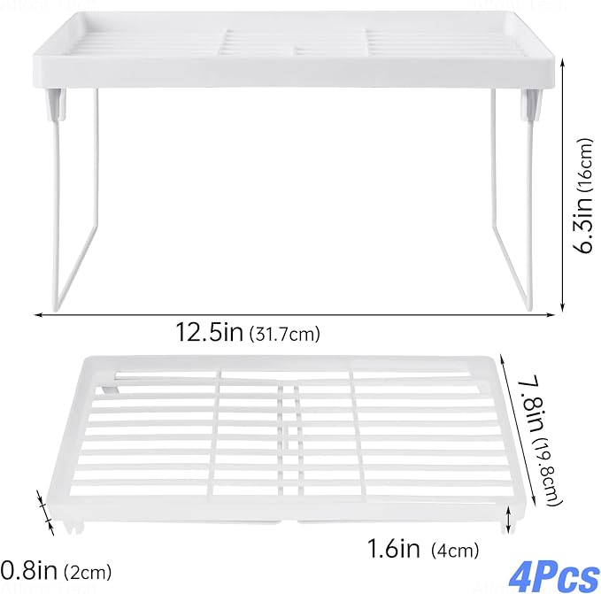 NiHome 4-Pack Stackable Plastic Kitchen Storage Shelf Foldable Rack, White | Stackable Kitchen Cabinet Organizer and Storage Shelves, Expandable Storage Racks for Counter Cabinet Pantry