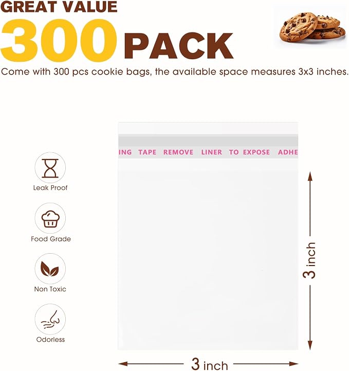 300 Pcs Clear Self Sealing Cellophane Bags, 3x3 Inches Cookie Bags Resealable Cellophane Bag for Packaging Cookies, Candy, Gifts, Favors and Products, 3 Mils Individual Self Adhesive Wrappers