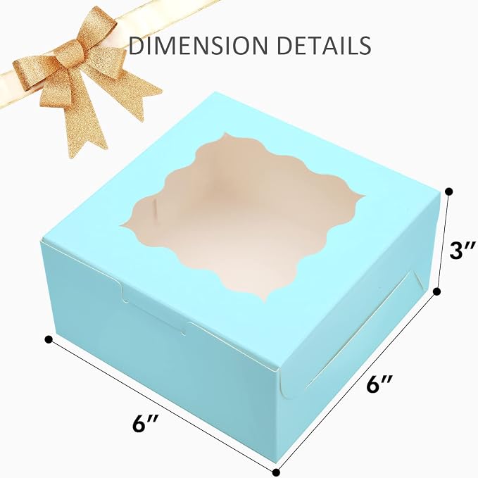 Bakepacker 60pcs Light Blue Bakery Boxes with Window 6x6x3 inches Thick & Sturdy Macaroon Pastry & Cookie Boxes