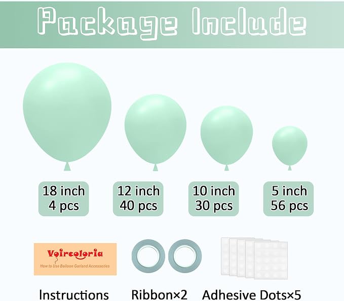 Voircoloria 130pcs Mint Green Balloons Different Sizes 18" 12" 10" 5" Pastel Light Green Balloons for Boys Girls Birthday Baby Shower Gender Reveal Wedding Decorations