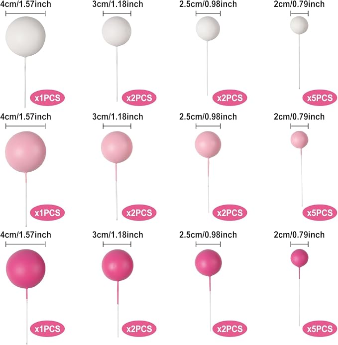 30 PCS Balls Cake Topper DIY Cake Insert Toppers Ball Cake Picks Cupcake Topper for Birthday Party Baby Shower Wedding Cake Decoration(Pink White Hot Pink)