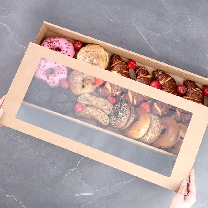 Restaurantware Cater Tek 22.2 x 10 x 3.2 Inch Catering Boxes 100 Insert Tab Lock Baked Goods Boxes - Window Lids Easy Assembly Kraft Paper Window Pastry Boxes For Charcuterie Or Cupcakes