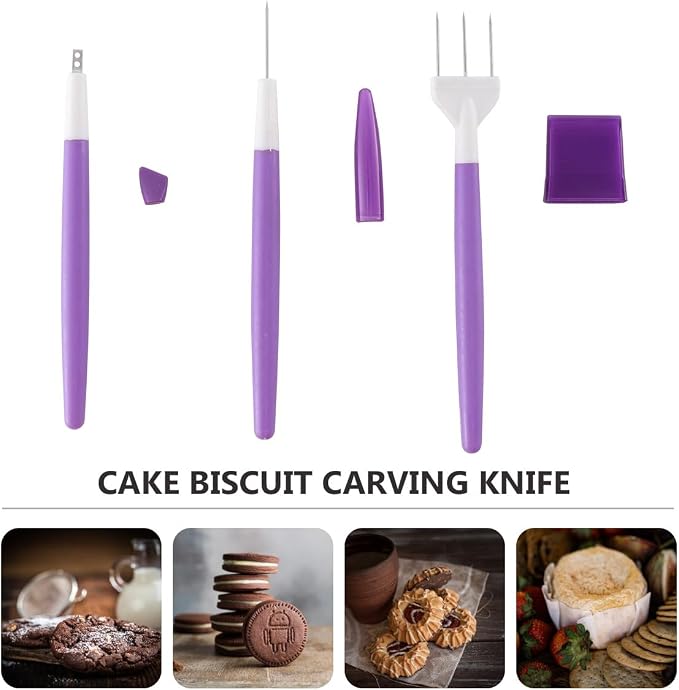 FRCOLOR 3pcs Cake Engraving Pen and Sugar Stir Needle Set, Purple Fondant Modeling Tools for DIY Cake and Cookie Decoration, Home Baking Sculpting Kit